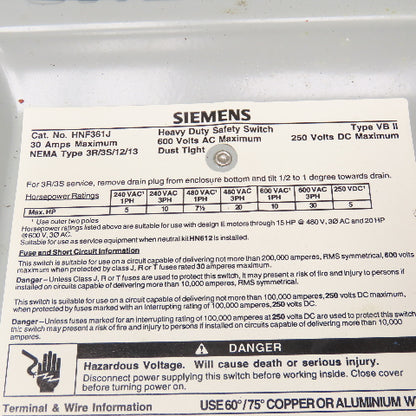 Siemens HNF361J 30A 600VAC 250VDC Dust Tight Non Fused Safety Disconnect