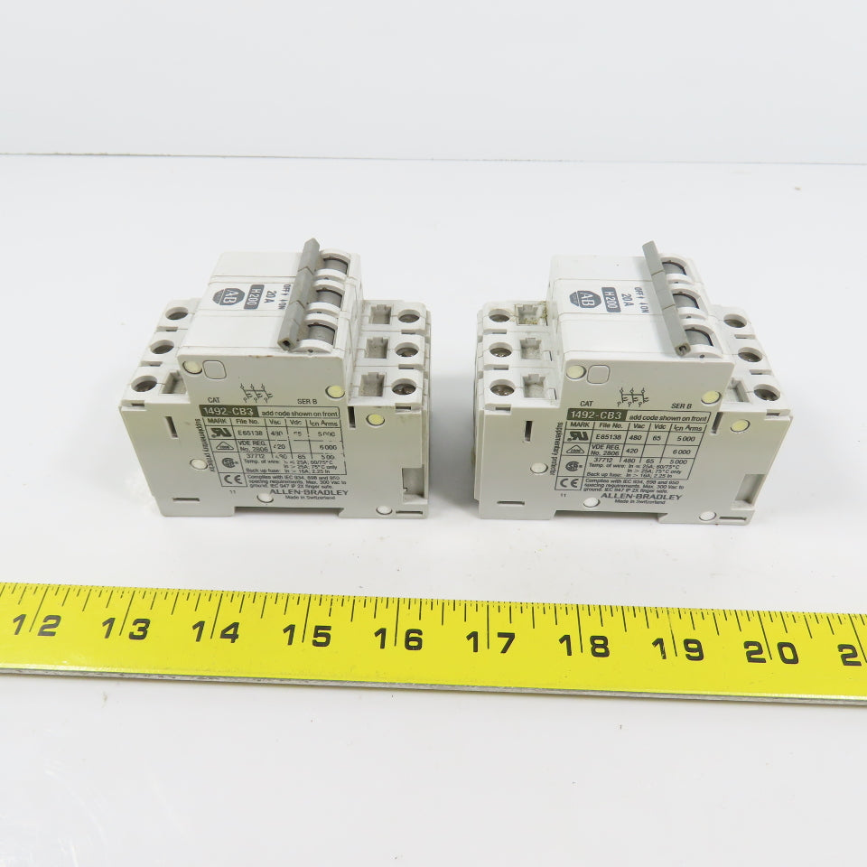 Allen Bradley 1492-CB3 Ser B 20A 3-Pole Rail Mount Circuit Breaker Lot Of 2