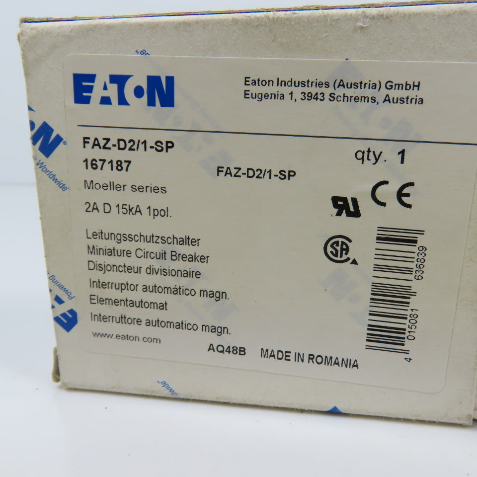 Eaton FAZ-D2/1-SP 2A Single Pole Rail Mount Circuit Breaker 230-415V NEW