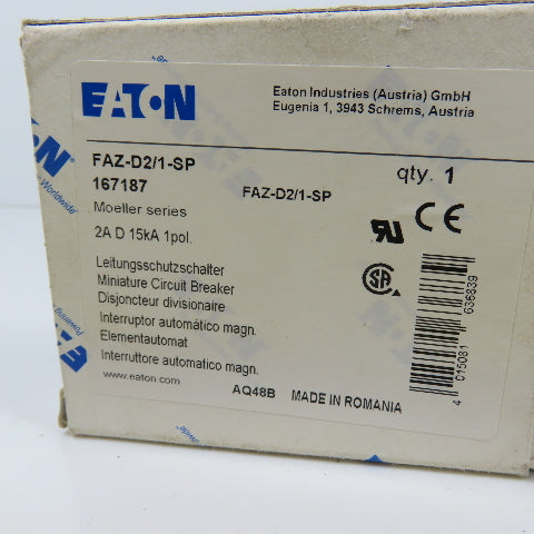 Eaton FAZ-D2/1-SP 2A Single Pole Rail Mount Circuit Breaker 230-415V NEW
