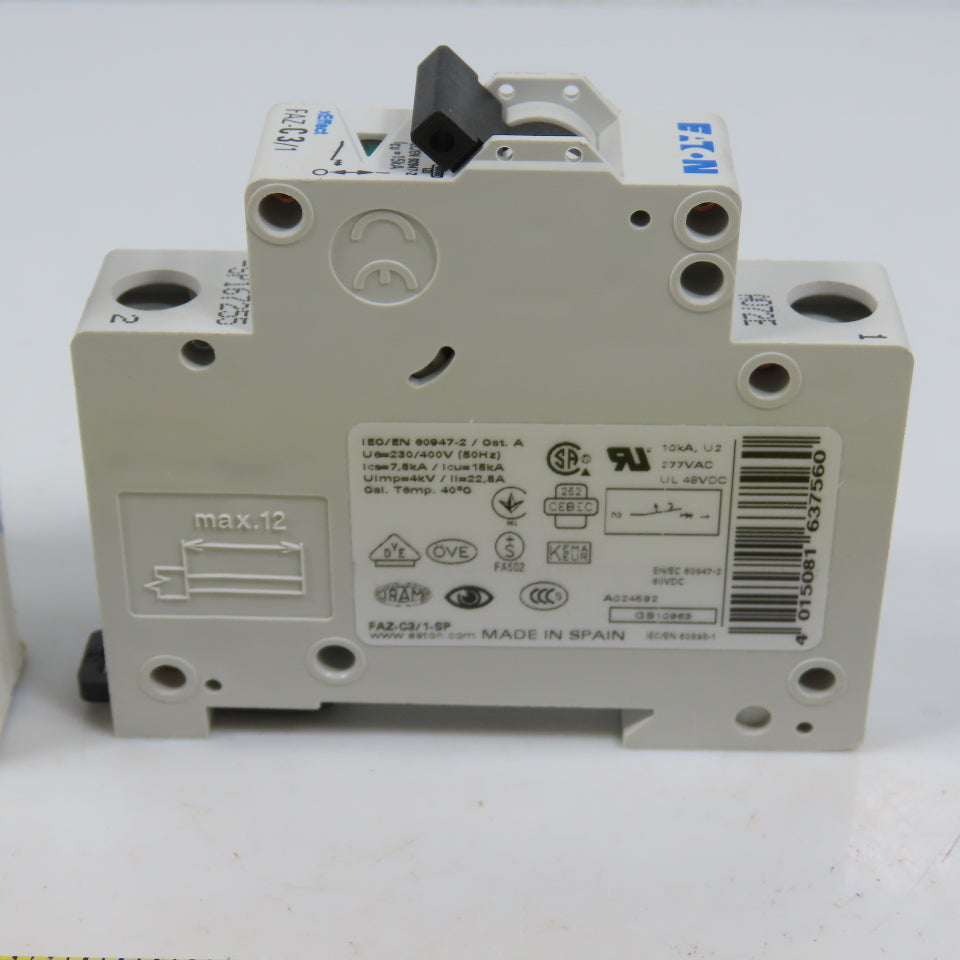 Eaton FAZ-C3/1-SP 3A Single Pole Rail Mount Circuit Breaker 230-400V NEW