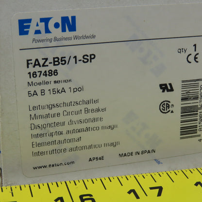 Eaton FAZ-B5/1-SP 5A Single Pole Rail Mount Circuit Breaker 230-400V NEW