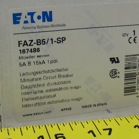 Eaton FAZ-B5/1-SP 5A Single Pole Rail Mount Circuit Breaker 230-400V NEW