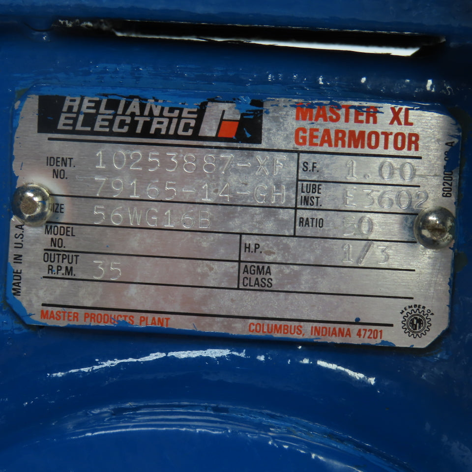 Reliance 56WG16B 50:1 Ratio Right Angle Gear Reducer 1/3HP 35RPM Output