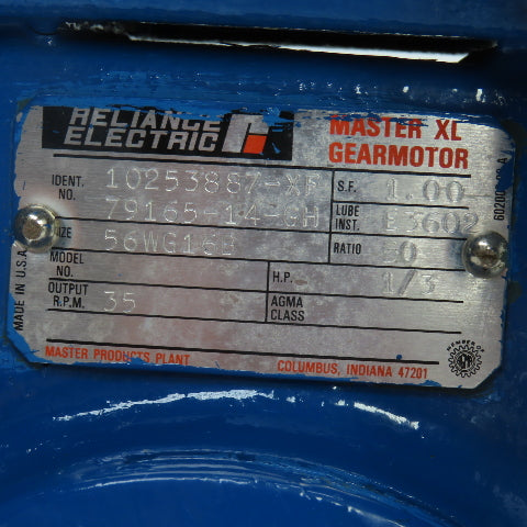 Reliance 56WG16B 50:1 Ratio Right Angle Gear Reducer 1/3HP 35RPM Output