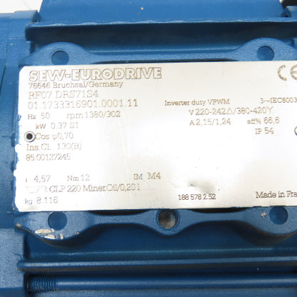 Sew Eurodrive RF07 DRS71S4 4.57:1 Ratio 302RPM Output Gear Motor 0.37kW 50Hz