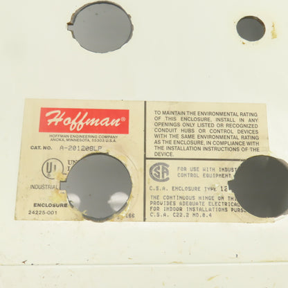 Hoffman A-201208LP 20" x 12" x 8" Electrical Enclosure W/ Backplate Type 12, 13