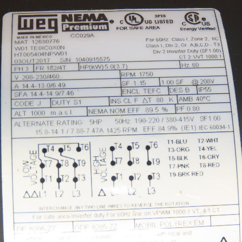 WEG HT005404NPW01 5Hp 208-460V 50/60Hz 3Ph 1750RPM AC Motor