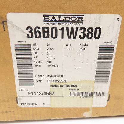 Baldor 36B01W380 1-1/2Hp 1140/545RPM 480V Two Speed 60Hz AC Motor