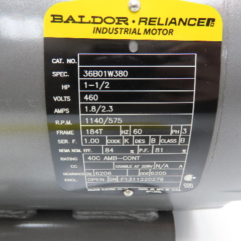 Baldor 36B01W380 1-1/2Hp 1140/545RPM 480V Two Speed 60Hz AC Motor