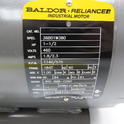 Baldor 36B01W380 1-1/2Hp 1140/545RPM 480V Two Speed 60Hz AC Motor
