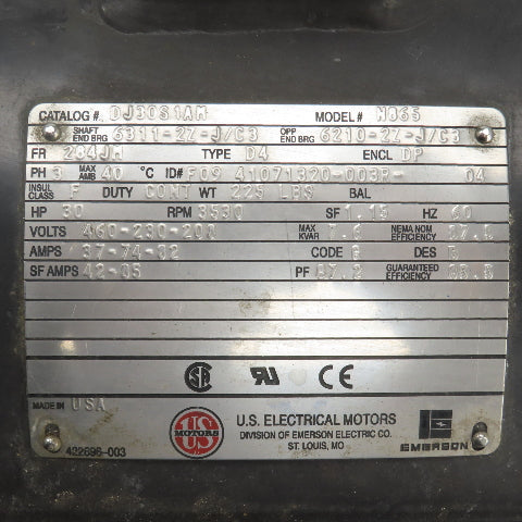 US Electrical DJ30S1AM 30HP AC Electric Pump Motor 230/460V 3PH 3530RPM 3096K71U