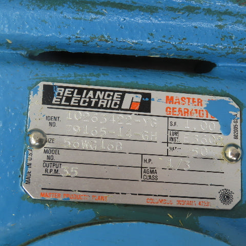 Reliance 56WG16B 50:1 Ratio Right Angle Gear Reducer 1/3HP 35RPM Output