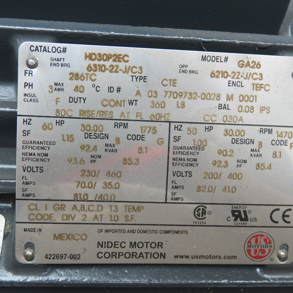 Nidec HD30P2EC 30Hp 1775 RPM 230/460V 3Ph 50/60Hz AC Motor