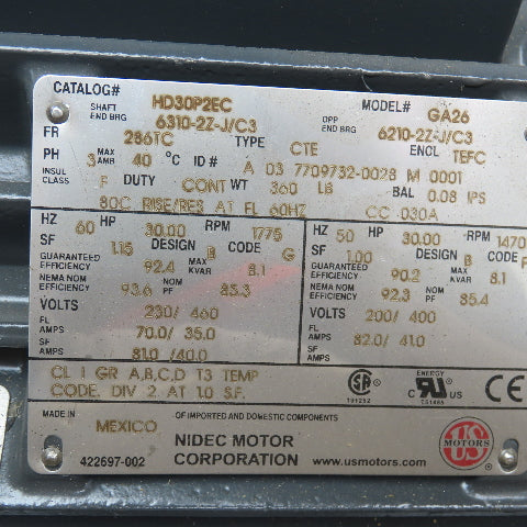 Nidec HD30P2EC 30Hp 1775 RPM 230/460V 3Ph 50/60Hz AC Motor