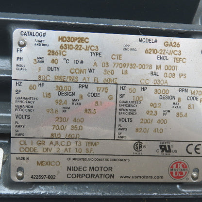 Nidec HD30P2EC 30Hp 1775 RPM 230/460V 3Ph 50/60Hz AC Motor