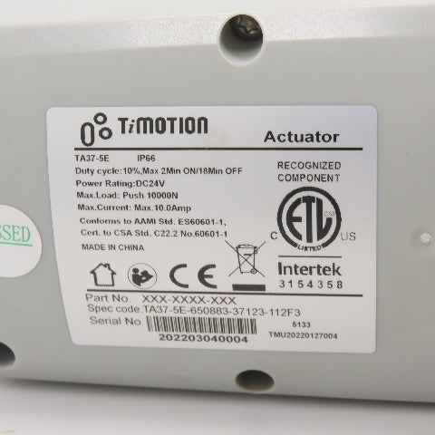 TiMotion TA37-5E Medical Linear Actuator 24VDC IP66 10000N Push 10A