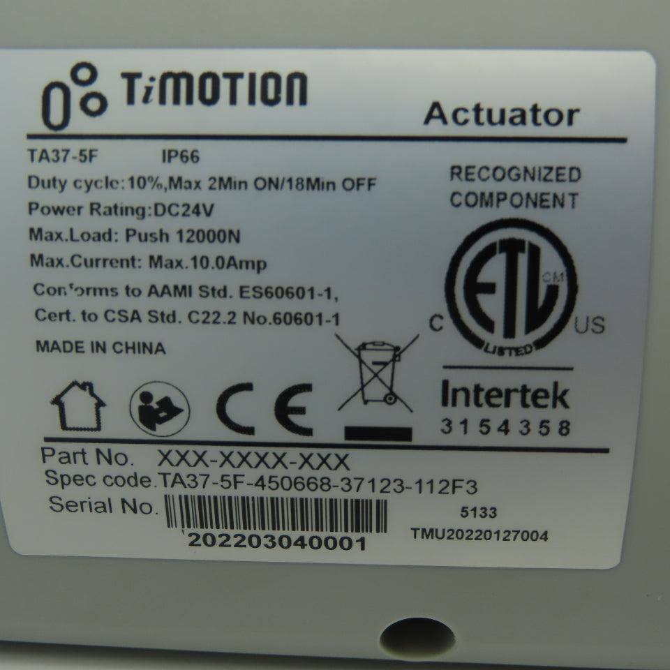 TiMotion TA37-5F Medical Linear Actuator 24VDC IP66 12000N Push 10A