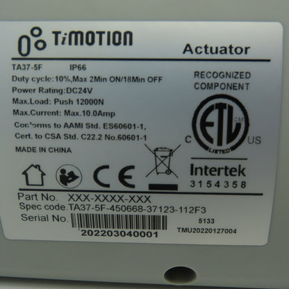 TiMotion TA37-5F Medical Linear Actuator 24VDC IP66 12000N Push 10A