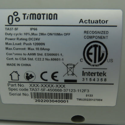 TiMotion TA37-5F Medical Linear Actuator 24VDC IP66 12000N Push 10A