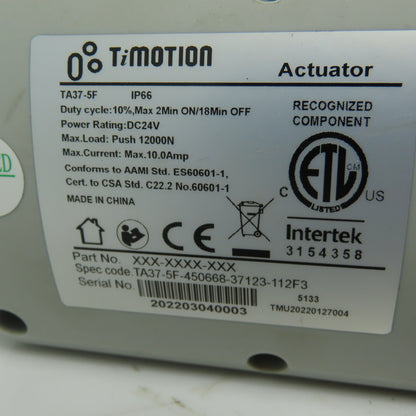 TiMotion TA37-5F Medical Linear Actuator 24VDC IP66 12000N Push 10A