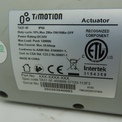 TiMotion TA37-5F Medical Linear Actuator 24VDC IP66 12000N Push 10A