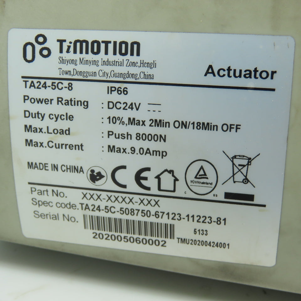 TiMotion TA24-5C-8 Medical Linear Actuator 24VDC IP66 8000N Push 9A