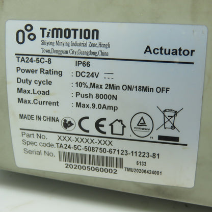 TiMotion TA24-5C-8 Medical Linear Actuator 24VDC IP66 8000N Push 9A