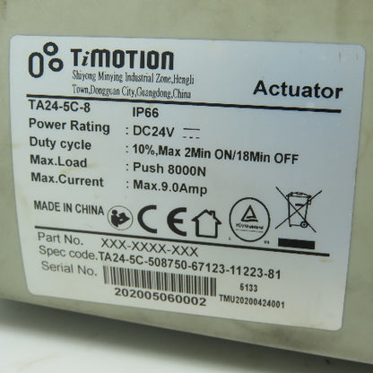 TiMotion TA24-5C-8 Medical Linear Actuator 24VDC IP66 8000N Push 9A