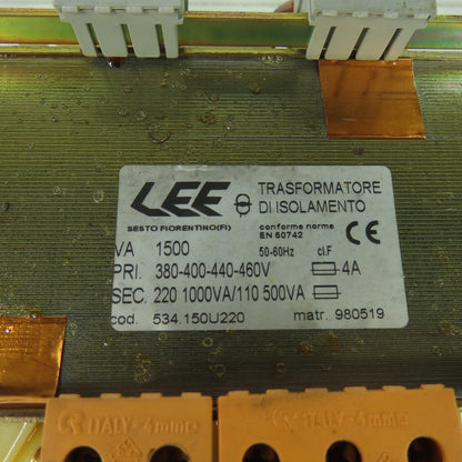 LEE EN60742 534.150U220 Transformer 380-400-440-460V Pri 220-110V Sec 1500VA