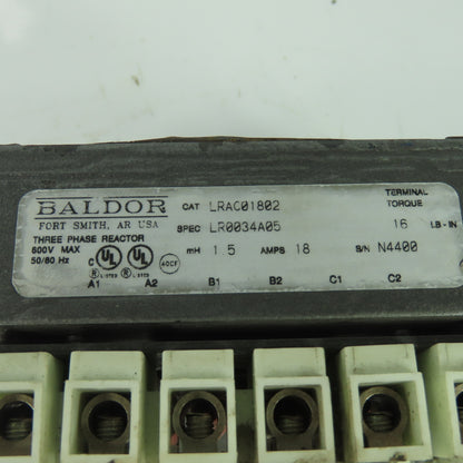 Baldor LRAC01802 LR0034A05 3 Phase Line Reactor 600V 18A 1.5mh 16 LB-IN Torque