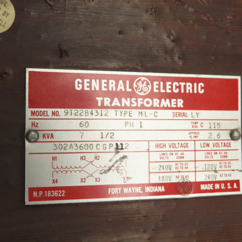 General Electric 9T22B4312 1Ph Transformer 240/480V Pri 120/240V Sec 7.5KVA