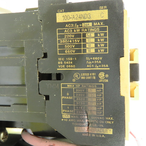 Allen Bradley 109-A24ND3-E 600VAC Motor Starter 3Ph 120V Coil W/592-JOV16 Relay