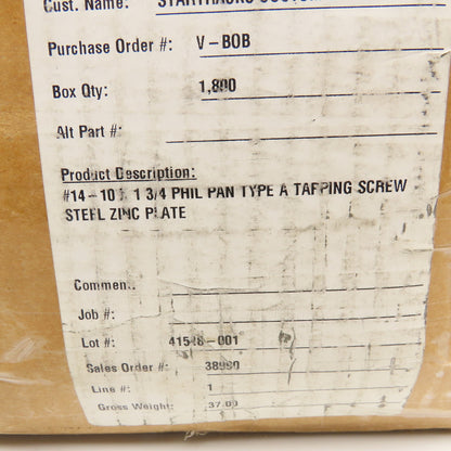 #14-10 x 1-3/4" Phillips Pan Head Tapping Screw Zinc Plated 35Lbs.