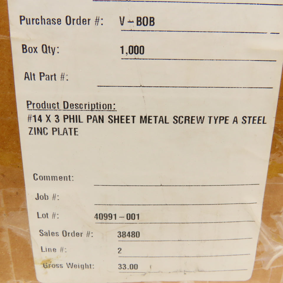 #14 x 3" Phillips Pan Head Tapping Screw Zinc Plated 27Lbs.