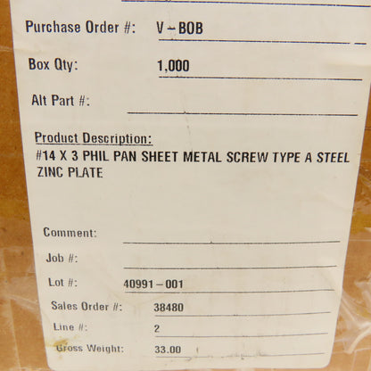 #14 x 3" Phillips Pan Head Tapping Screw Zinc Plated 27Lbs.