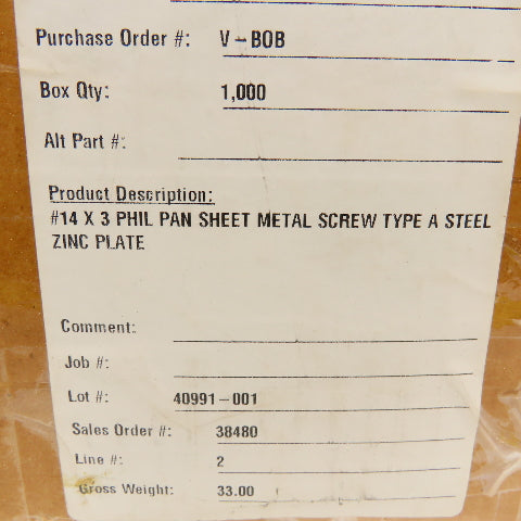 #14 x 3" Phillips Pan Head Tapping Screw Zinc Plated 27Lbs.