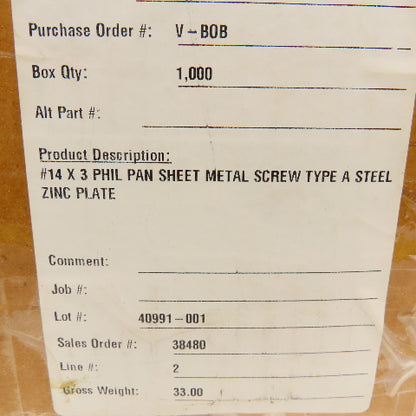 #14 x 3" Phillips Pan Head Tapping Screw Zinc Plated 27Lbs.