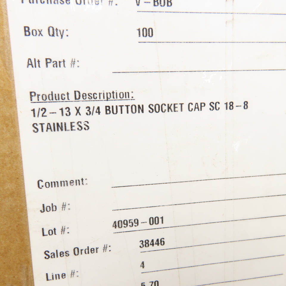 1/2-13 x 3/4" Button Socket Cap Screw Stainless Steel Lot Of 100