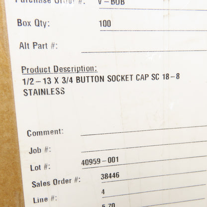 1/2-13 x 3/4" Button Socket Cap Screw Stainless Steel Lot Of 100