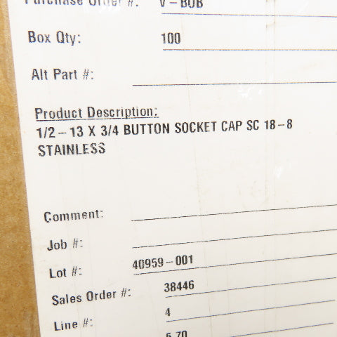 1/2-13 x 3/4" Button Socket Cap Screw Stainless Steel Lot Of 100