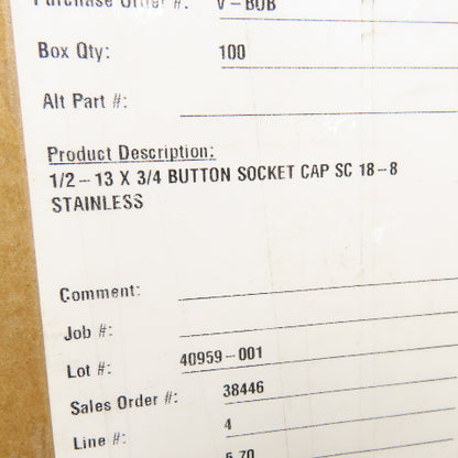 1/2-13 x 3/4" Button Socket Cap Screw Stainless Steel Lot Of 100