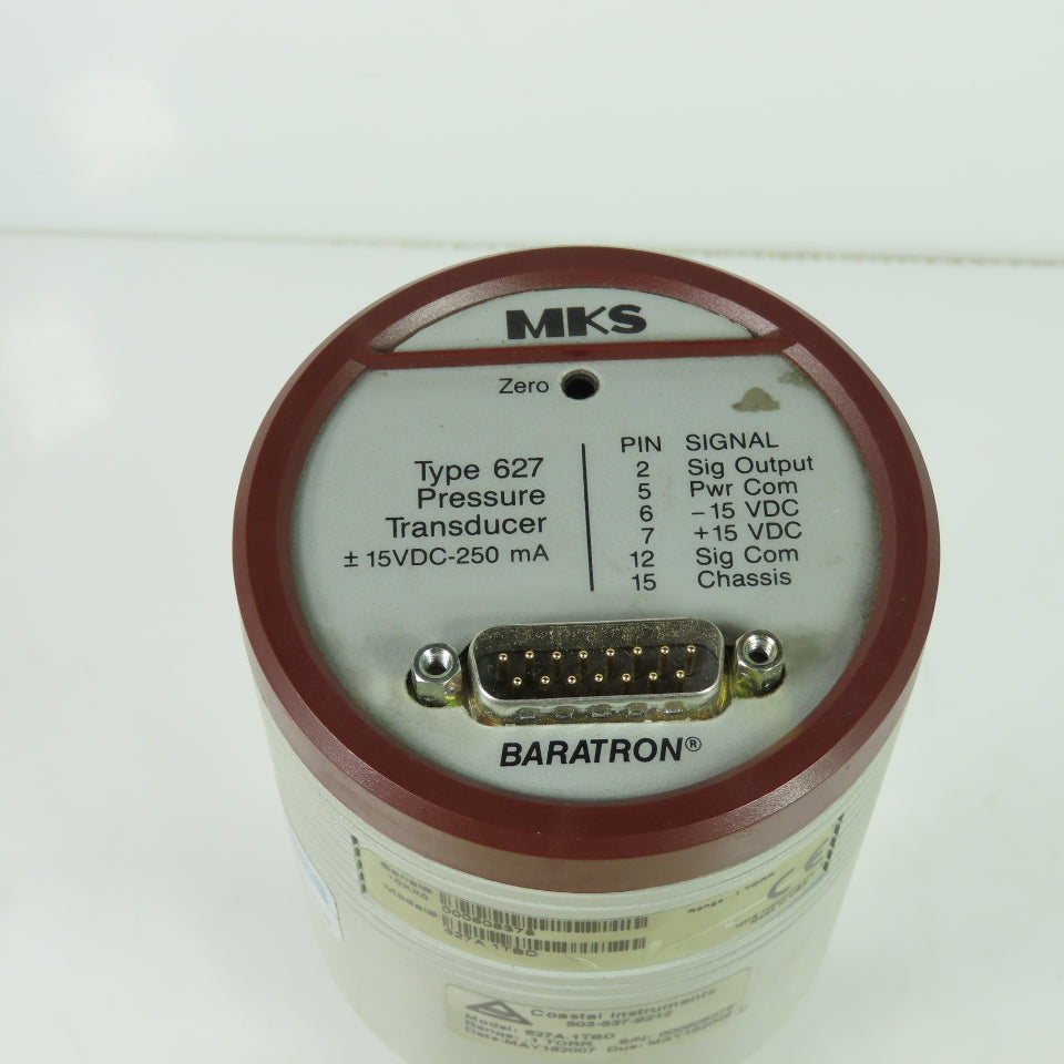 MKS 627A.1TBD Baratron Capacitance Manometer Pressure Transducer 15VDC