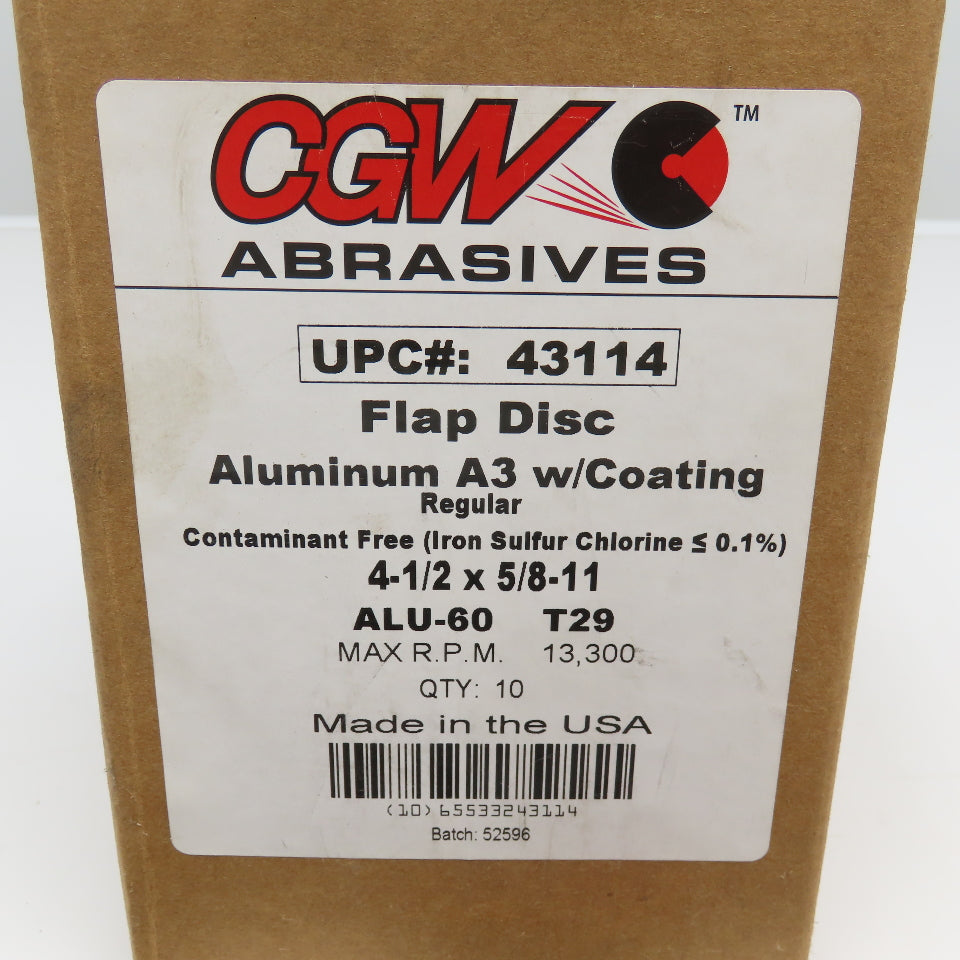 CGW 43114 4-1/2 x 5/8-11 Flap Disc ALU060 T29 13,300RPM Lot Of 6