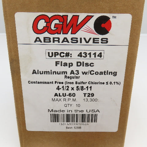 CGW 43114 4-1/2 x 5/8-11 Flap Disc ALU060 T29 13,300RPM Lot Of 6