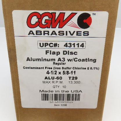CGW 43114 4-1/2 x 5/8-11 Flap Disc ALU060 T29 13,300RPM Lot Of 6