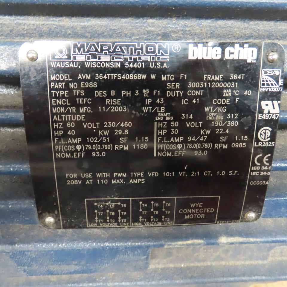 Marathon E988 Blue Chip 40HP AC Electric Motor 1180RPM 230/460V 3PH 364T Frame