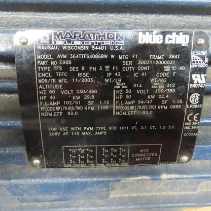 Marathon E988 Blue Chip 40HP AC Electric Motor 1180RPM 230/460V 3PH 364T Frame