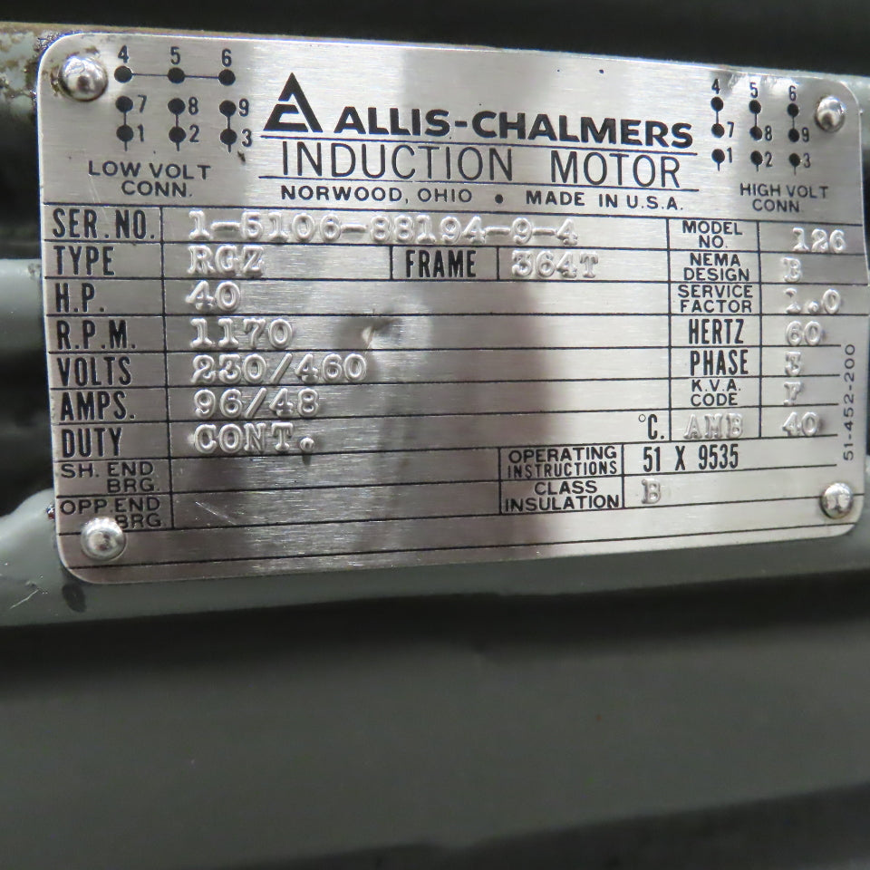 Allis Chalmers RGZ 126 40HP AC Electric Motor 1170RPM 230/460V 3PH 364T Frame
