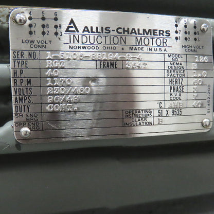 Allis Chalmers RGZ 126 40HP AC Electric Motor 1170RPM 230/460V 3PH 364T Frame